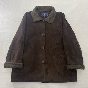 VTG London Fog Nevada Jacket Size L~ Brown Faux Suede Sherpa Lined Embroidered